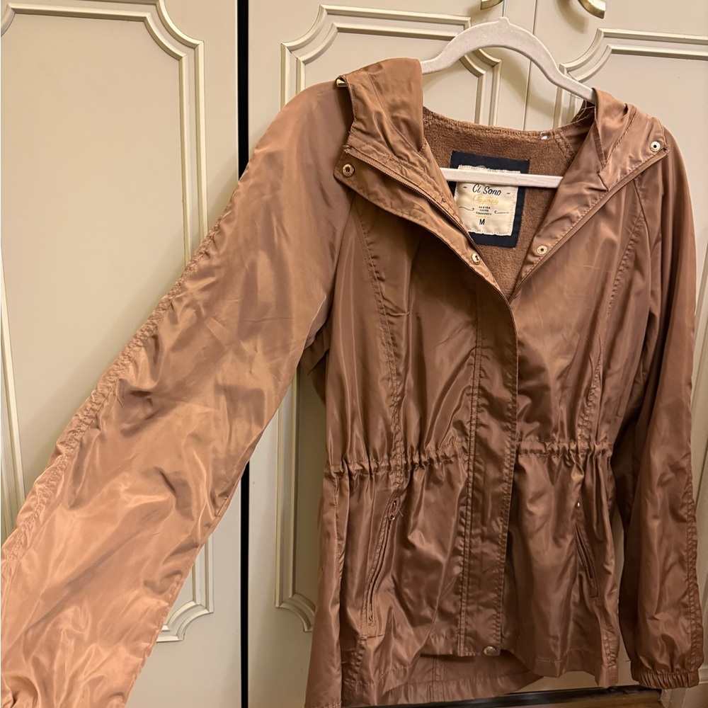 Women's Tan Lightweight Jacket with Adjustable Hood and Waist - Size Medium